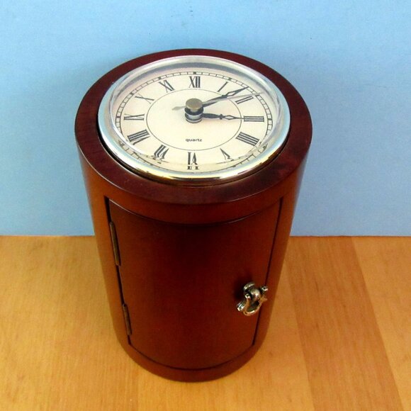 Vintage wood cylinder jewelry box with working clock - 6" tall - unisex - Picture 3 of 14